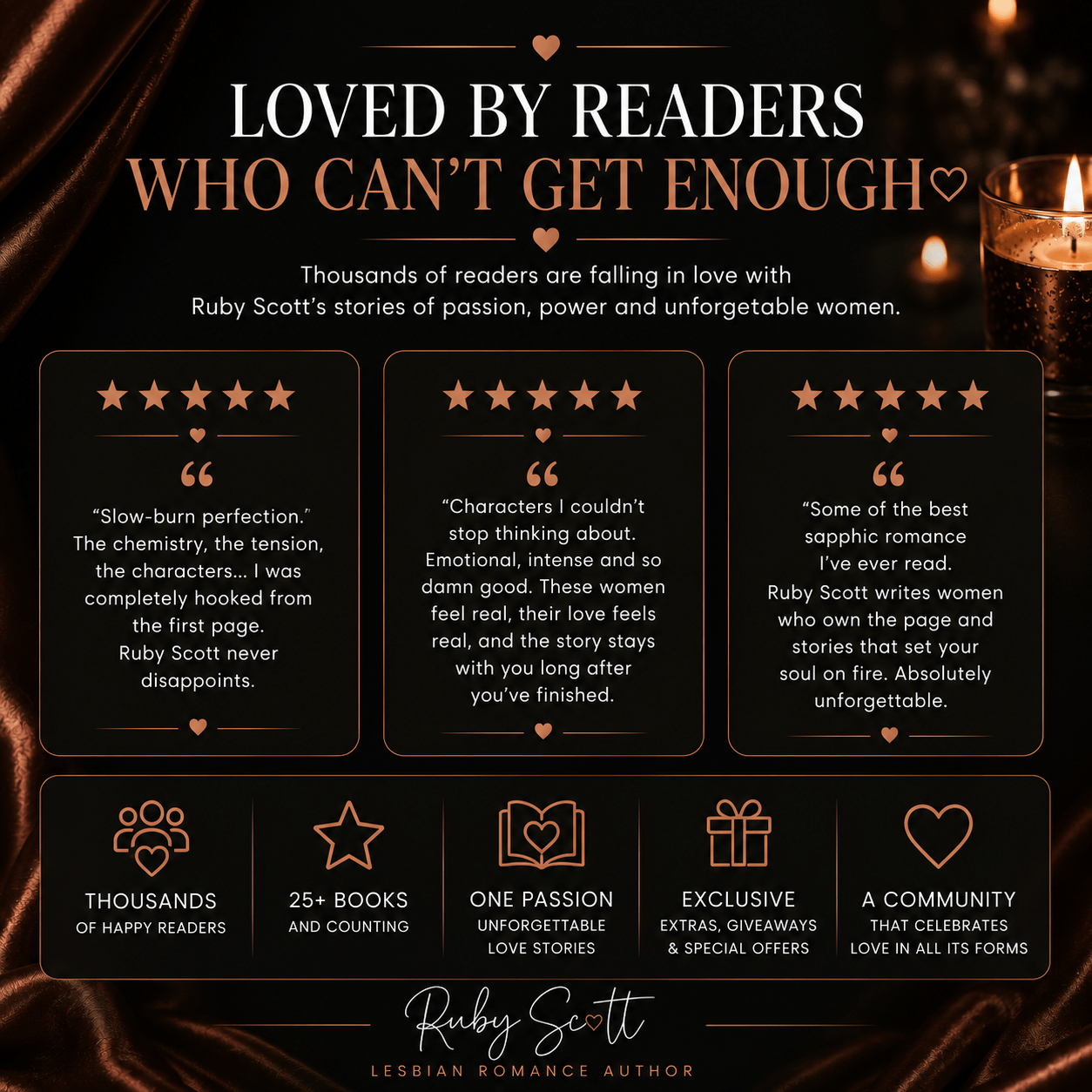 Promotional graphic for Ruby Scott's book 'Loved by Readers Who Can't Get Enough' featuring dark brown and black tones with gold text and quotes, alongside a lit candle on a draped fabric background.