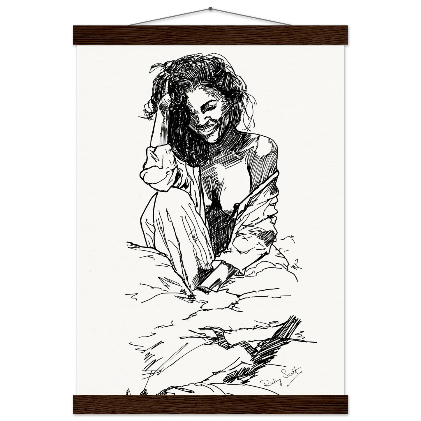 Black and white sapphic art print depicting intimate lesbian connection and soft sensuality, minimalist ink illustration celebrating tenderness and emotional closeness, lesbian romance book and lesbian love story inspired artwork, lesbian fiction art by lesbian romance author Ruby Scott and lesbian romance fiction author Ruby Scott.

