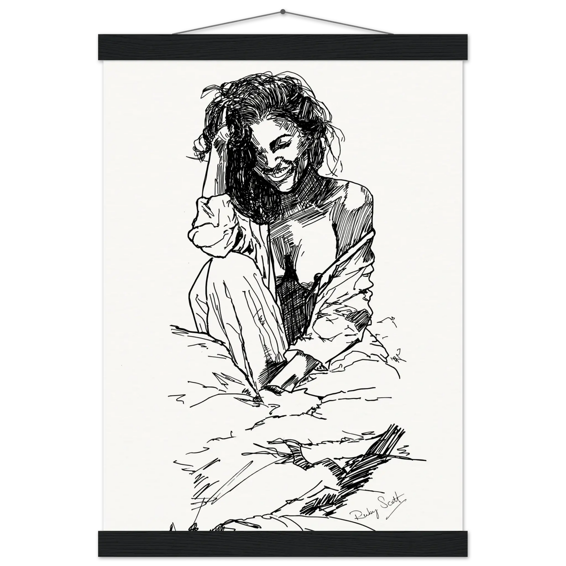 Black and white sapphic art print depicting intimate lesbian connection and soft sensuality, minimalist ink illustration celebrating tenderness and emotional closeness, lesbian romance book and lesbian love story inspired artwork, lesbian fiction art by lesbian romance author Ruby Scott and lesbian romance fiction author Ruby Scott.
