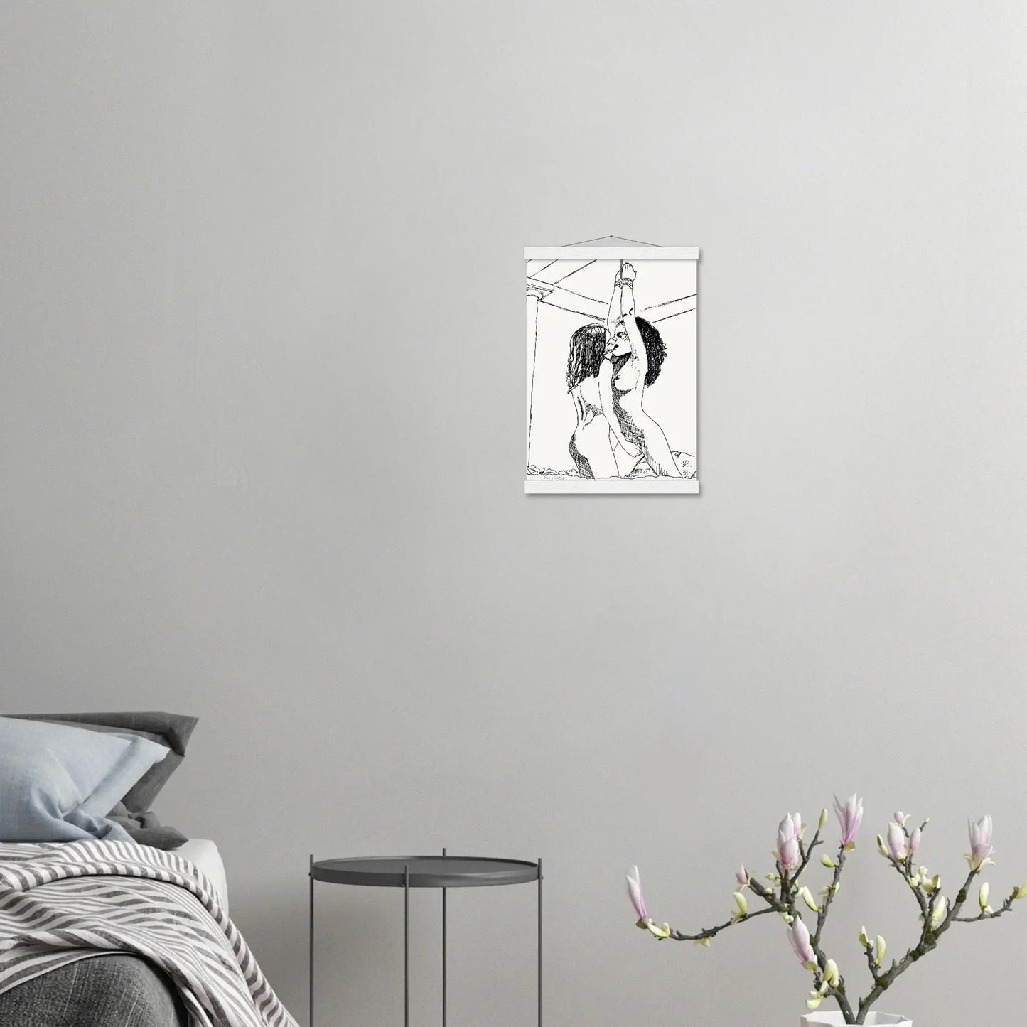 Black and white sapphic art print depicting intimate lesbian connection and soft sensuality, minimalist ink illustration celebrating tenderness and emotional closeness, lesbian romance book and lesbian love story inspired artwork, lesbian fiction art by lesbian romance author Ruby Scott and lesbian romance fiction author Ruby Scott.
