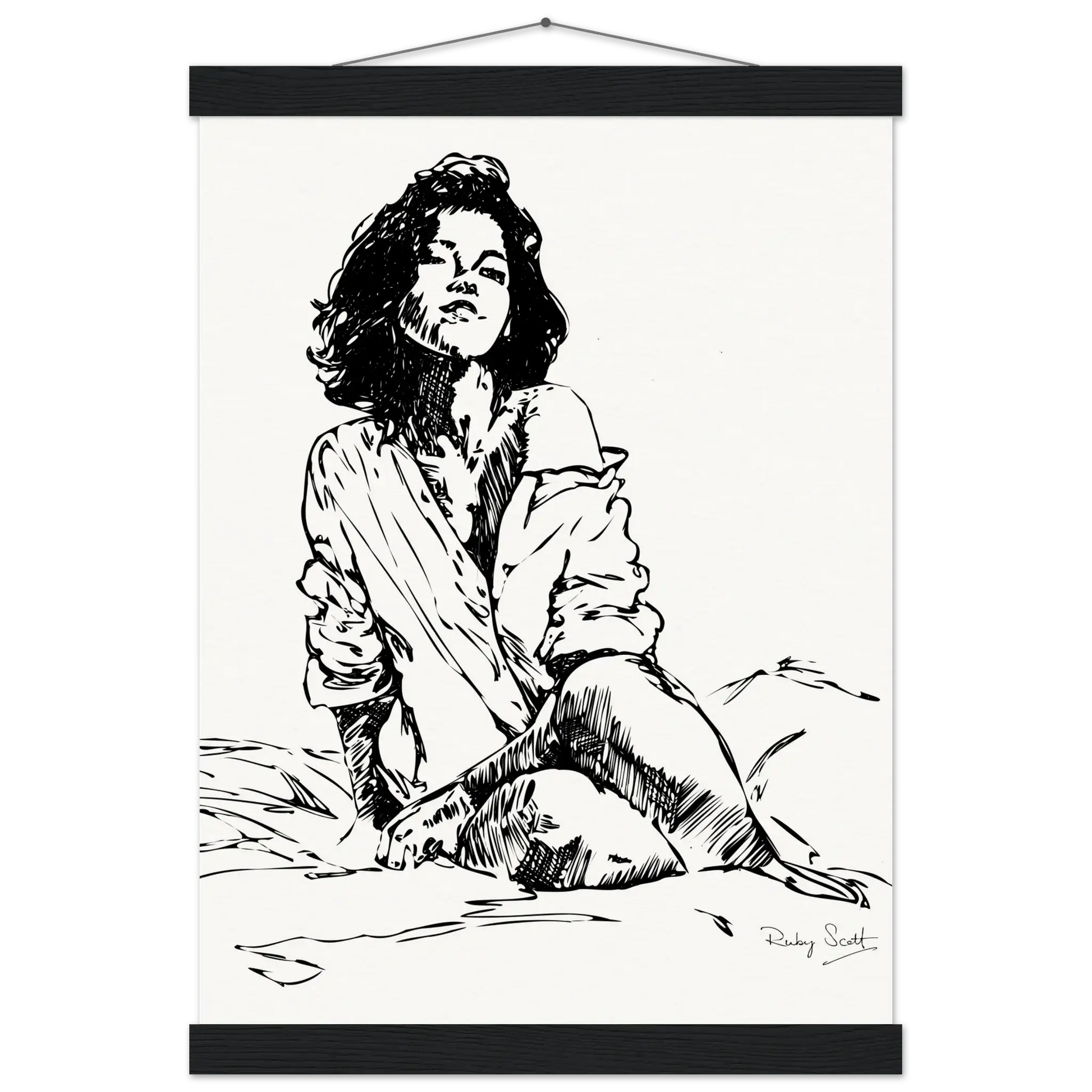 Black and white sapphic art print depicting intimate lesbian connection and soft sensuality, minimalist ink illustration celebrating tenderness and emotional closeness, lesbian romance book and lesbian love story inspired artwork, lesbian fiction art by lesbian romance author Ruby Scott and lesbian romance fiction author Ruby Scott.
