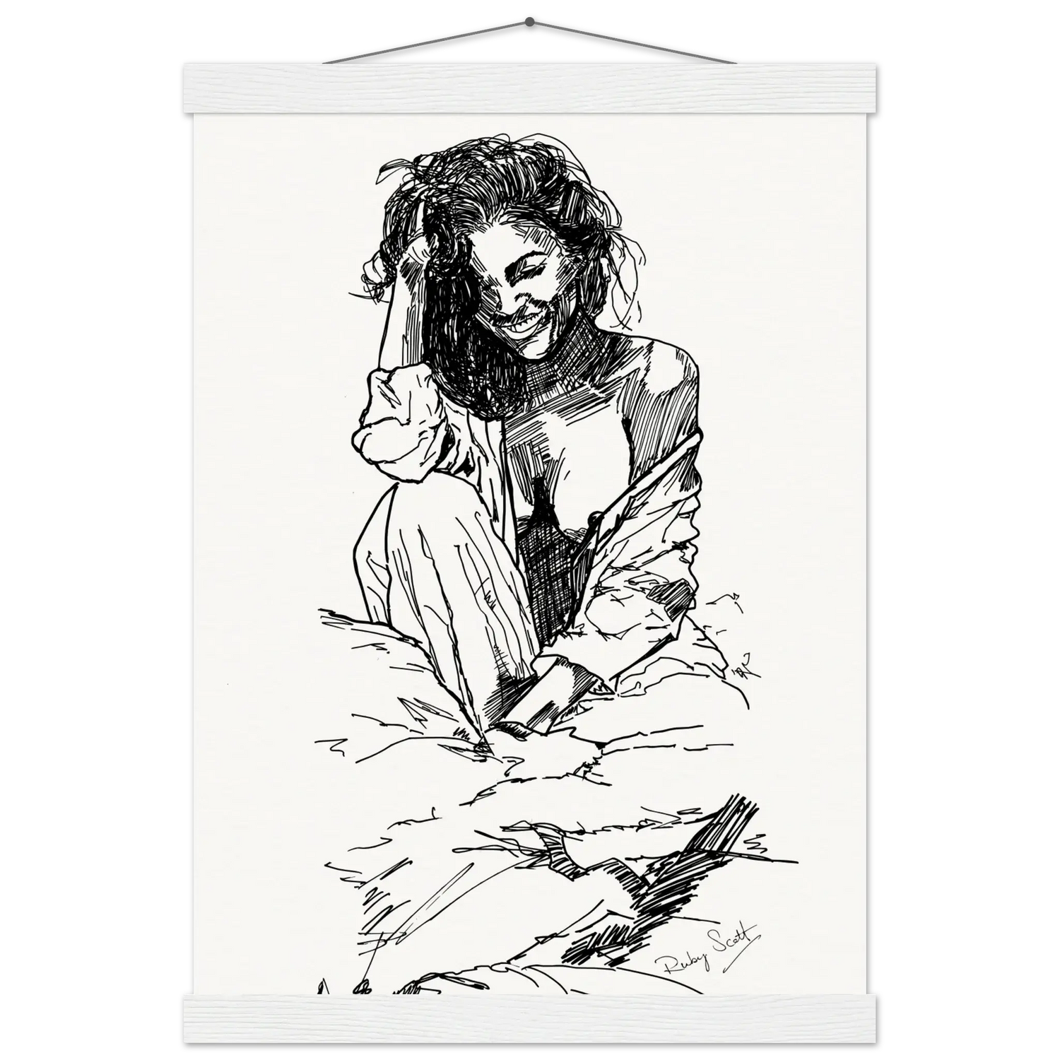 Black and white sapphic art print depicting intimate lesbian connection and soft sensuality, minimalist ink illustration celebrating tenderness and emotional closeness, lesbian romance book and lesbian love story inspired artwork, lesbian fiction art by lesbian romance author Ruby Scott and lesbian romance fiction author Ruby Scott.
