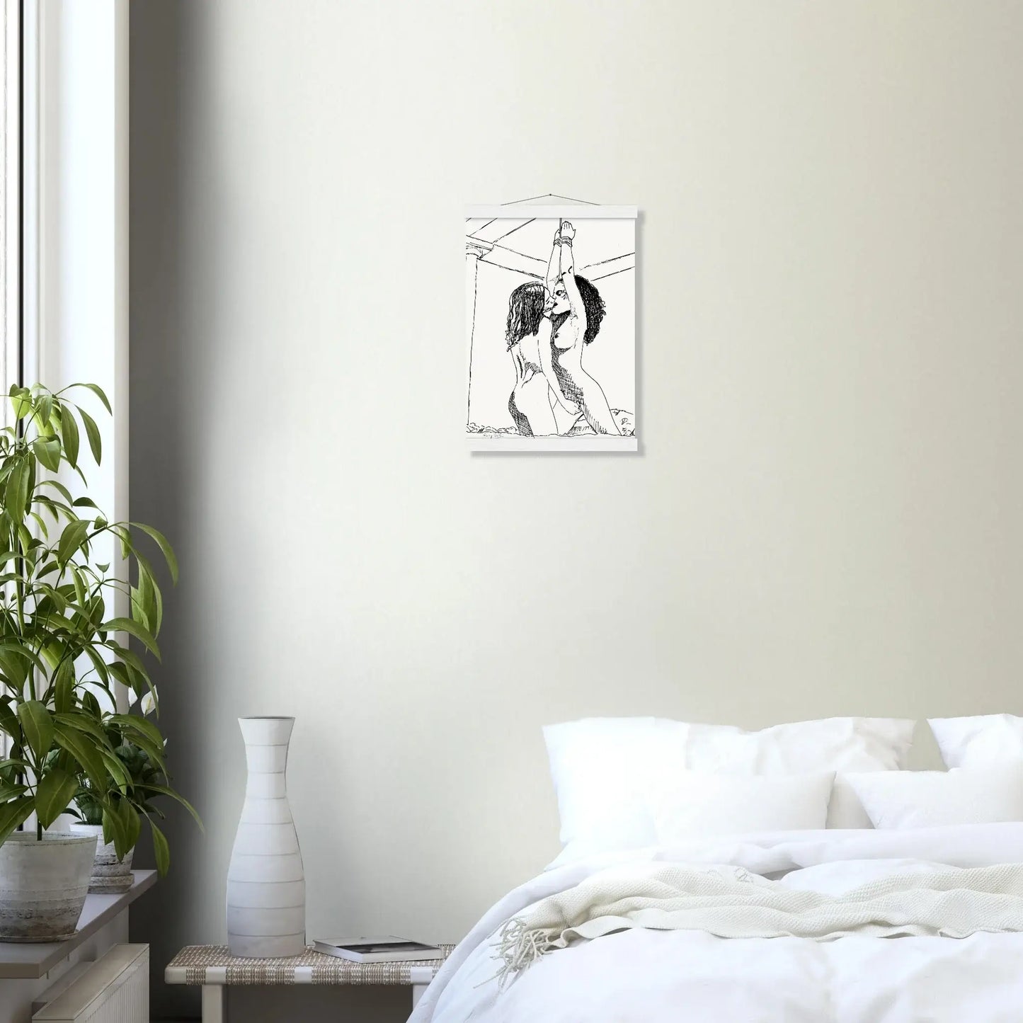 Black and white sapphic art print hands up depicting gentle sapphic desire expressed through minimalist line art, framed fine art wall display celebrating lesbian intimacy, lesbian romance book and lesbian love story inspired artwork, lesbian fiction art by lesbian romance author Ruby Scott and lesbian romance fiction author Ruby Scott.
