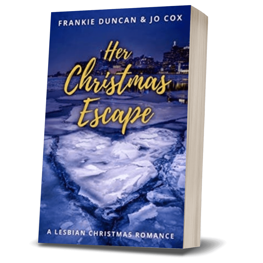 Her Christmas Escape paperback book cover, sapphic Christmas romance by Frankie Duncan