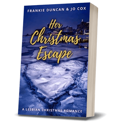 Her Christmas Escape book cover, sapphic Christmas romance by Frankie Duncan
