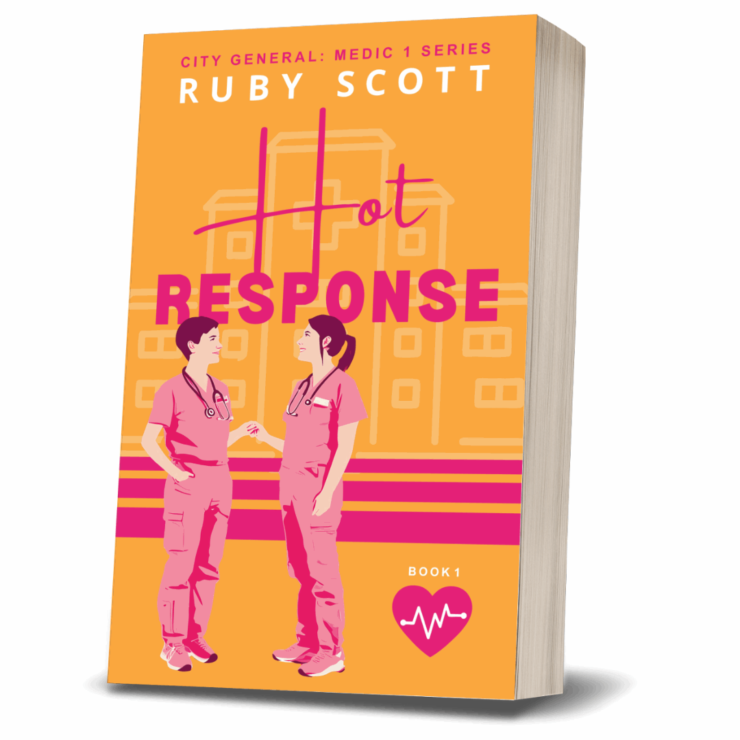 Lesbian romance book "Hot Response" by bestselling lesbian romance author Ruby Scott is a steamy lesbian love story full of lesbian fiction tropes including workplace romance, forced proximity, enemies to lovers, and age gap tension