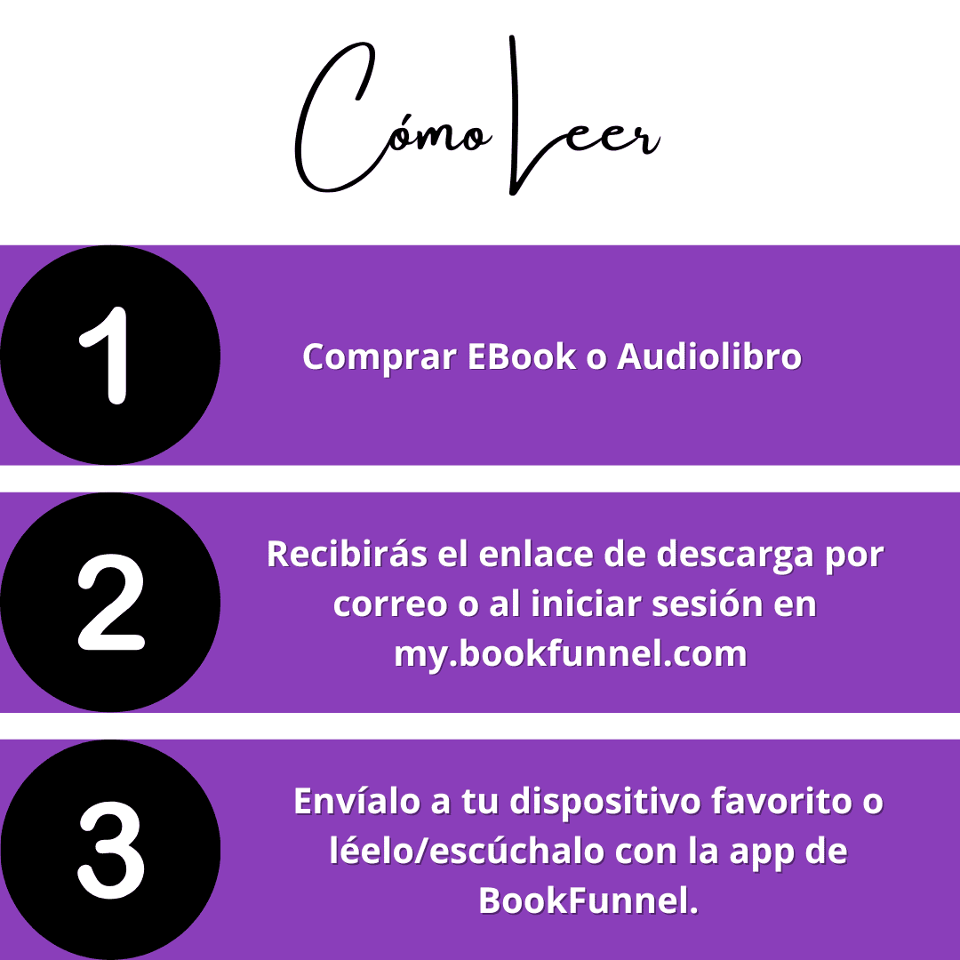  Instructions in Spanish for reading a lesbian romance book or audiobook by Ruby Scott using BookFunnel, with a bold purple design.
