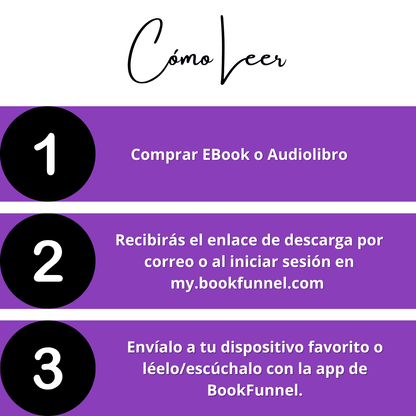  Instructions in Spanish for reading a lesbian romance book or audiobook by Ruby Scott using BookFunnel, with a bold purple design.