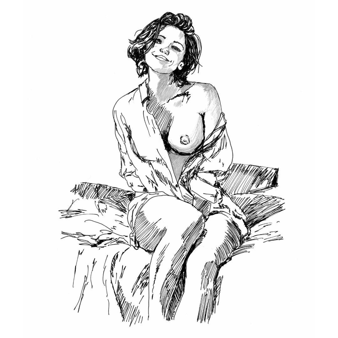 Expressive black and white sapphicart print of a smiling woman seated on a bed with soft vulnerability and invitation, reflecting emotional intimacy in a lesbian romance book, lesbian love story, lesbian fiction by lesbian romance author Ruby Scott and lesbian romance fiction author Ruby Scott.