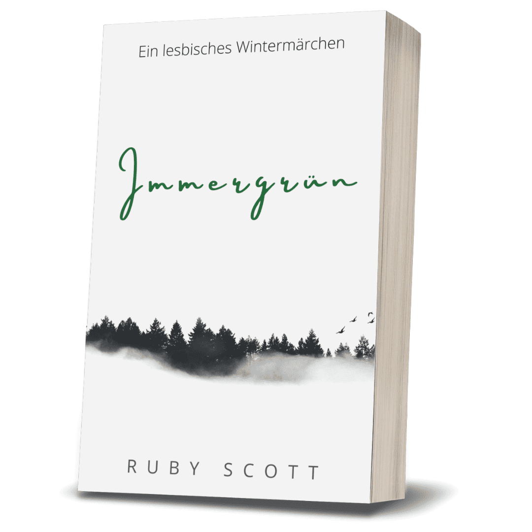 3D paperback of Immergrün by lesbian romance fiction author Ruby Scott, a slow burn lesbian love story set in winter, with an elegant black-and-white forest cover under the tagline “Ein lesbisches Wintermärchen”
