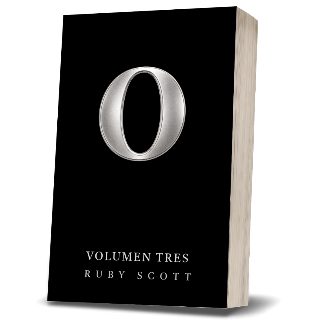 A hardcover book titled 'O' by Ruby Scott, Volume 3, featuring a minimalist black cover with a large metallic silver letter 'O' and white text, shown standing upright against a white background.  eróticos lésbicos 