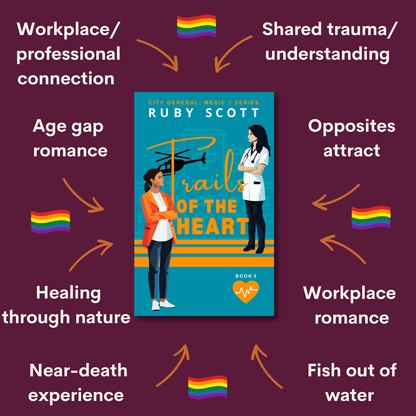 medical lesbian romance story tropes Trails of the heart graphic featuring key themes and relationship dynamics, representing a lesbian romance book by Ruby Scott