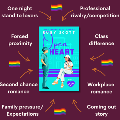 lesbian medical romance story tropes of open heart graphic featuring key themes and relationship dynamics, representing a lesbian romance book, lesbian love story, and lesbian fiction by lesbian romance author Ruby Scott and lesbian romance fiction author Ruby Scott.