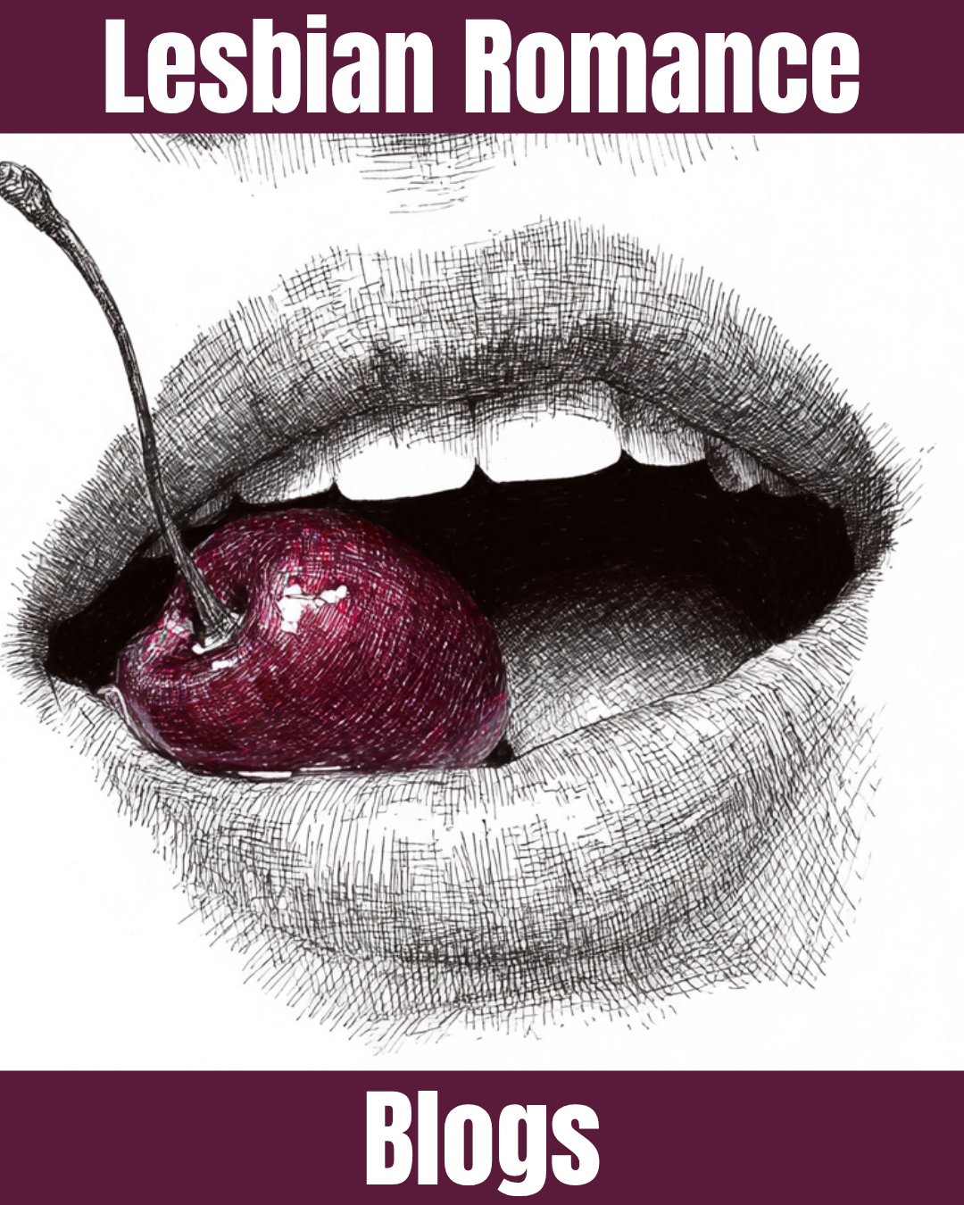 Sensual illustration of lips holding a cherry used as header image for lesbian romance blog featuring book recommendations and reading guides