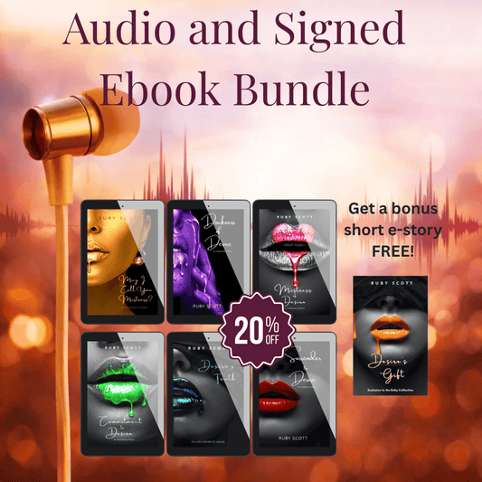 Lesbian romance book audio and signed ebook bundle by Ruby Scott featuring Awakening of Desire series, slow burn lesbian love story with dominant women, 20 percent off plus free bonus story
