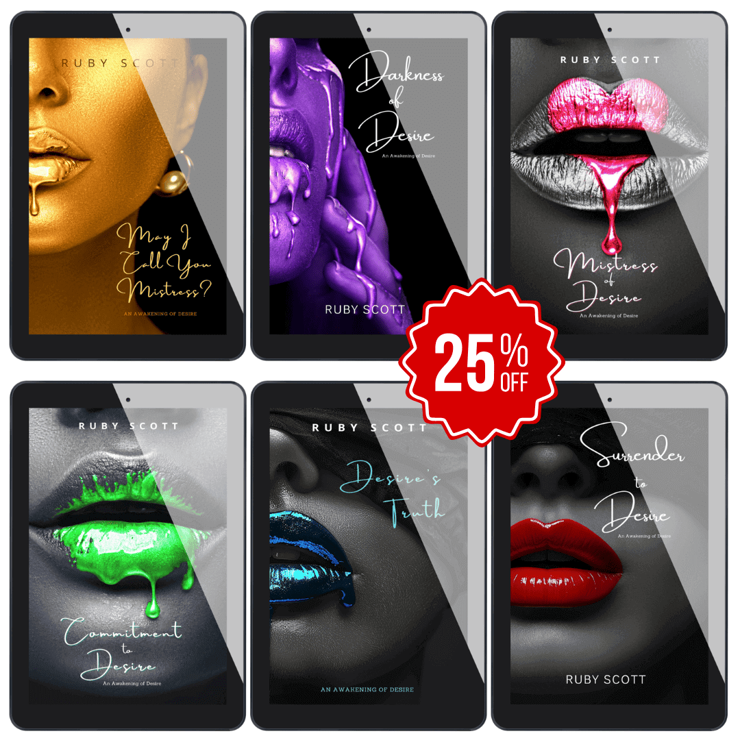 Promotional image for the Awakening of Desire series by erotic lesbian romance fiction author Ruby Scott, showing all six book covers with a 25% off discount label. Lesbian romance book, lesbian love story, lesbian fiction series featuring May I Call You Mistress?, Darkness of Desire, Mistress of Desire, Commitment to Desire, Desire’s Truth, and Surrender to Desire.