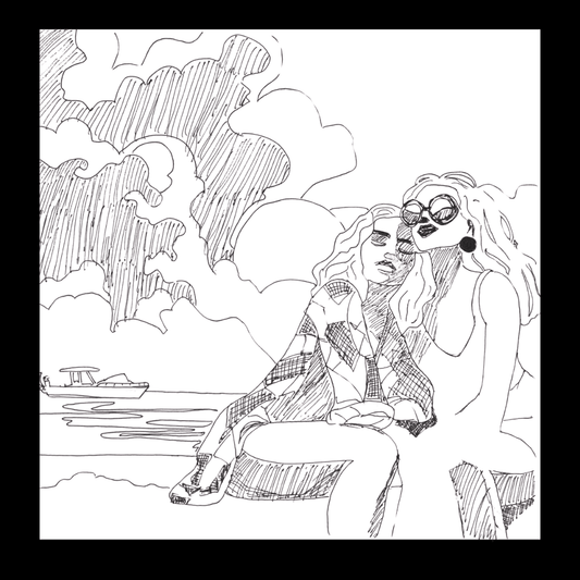Line art of two women sitting close together at the beach, one leaning affectionately on the other, evoking summer intimacy from a lesbian romance book, lesbian love story, lesbian fiction.