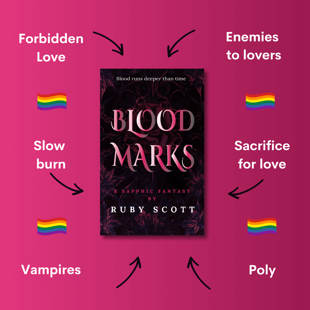 Promotional image for Blood Marks, a sapphic vampire fantasy lesbian romance book by Ruby Scott. Surrounded by tropes like forbidden love, enemies to lovers, slow burn, sacrifice for love, polyamory, and vampires, highlighting its themes as a powerful lesbian love story