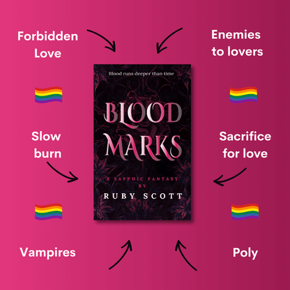 Promotional image for Blood Marks, a sapphic vampire fantasy lesbian romance book by Ruby Scott. Surrounded by tropes like forbidden love, enemies to lovers, slow burn, sacrifice for love, polyamory, and vampires, highlighting its themes as a powerful lesbian love story