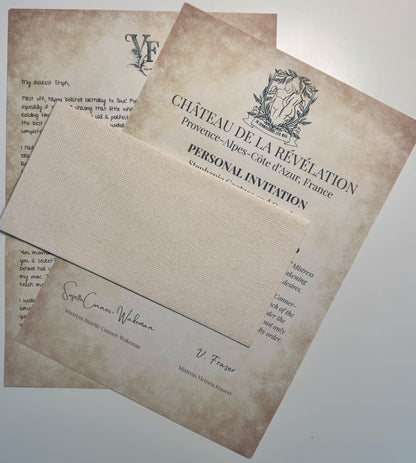 Two vintage-style documents partly covered by a textured beige envelope. One is a handwritten letter with the initials “VF” at the top, and the other is a formal invitation from “Château de la Révélation” in Provence, France. Signed by Mistress Suzette Conner-Wakeman and Mistress Victoria Fraser, the papers evoke an air of sensual mystery and exclusive romance.