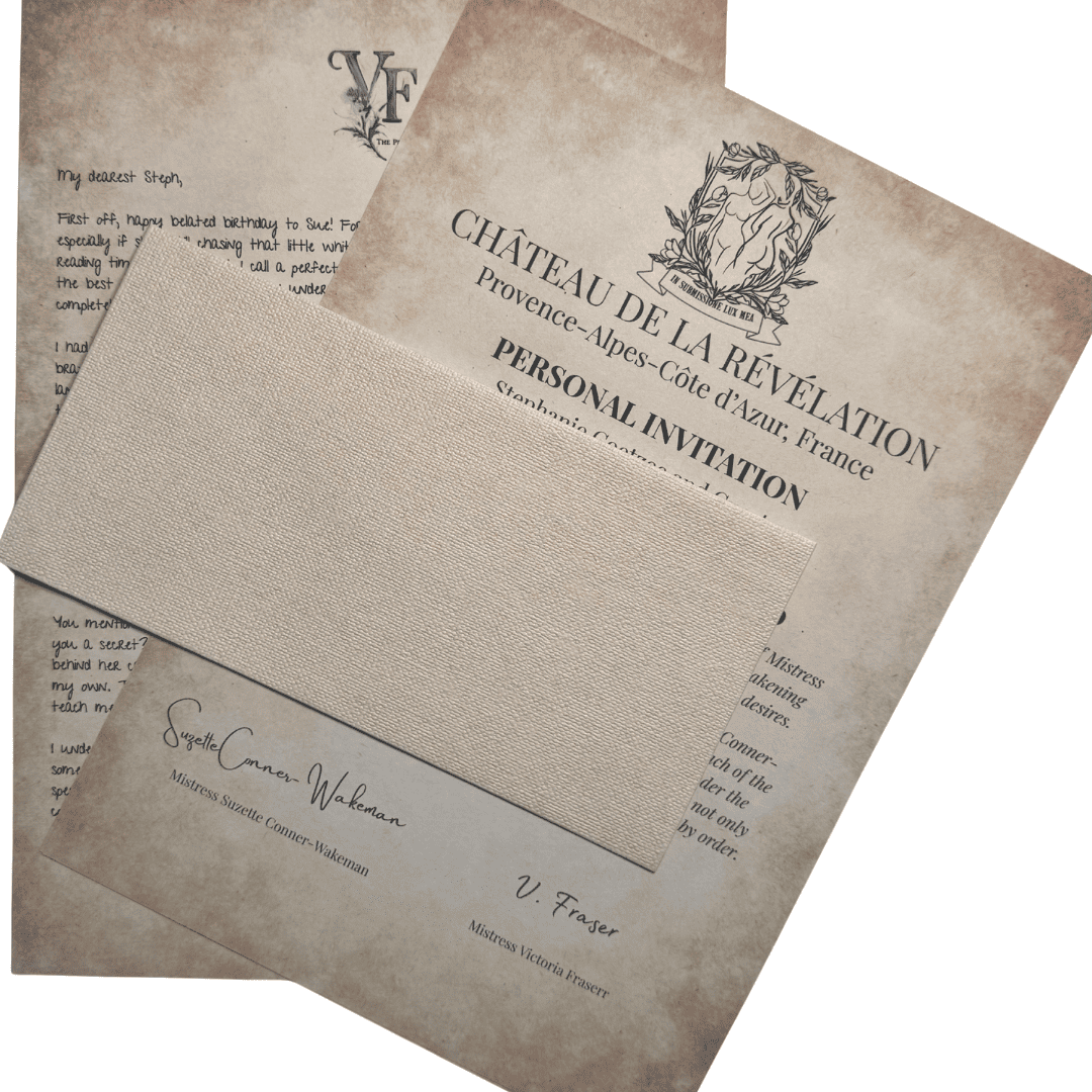 A vintage-style personal invitation letter partially covered by an envelope, addressed from Château de la Révélation in Provence, France. The letter features elegant fonts, a crest of entwined female figures, and is signed by Mistress Suzette Conner-Wakeman and Mistress Victoria Fraser. A handwritten note is faintly visible on the second page behind the invitation.