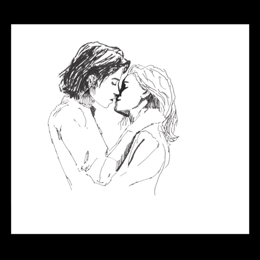Black-and-white line art of two women in a tender embrace, eyes closed, about to kiss. A lesbian romance book illustration capturing intimacy, lesbian love story connection, and lesbian fiction passion.