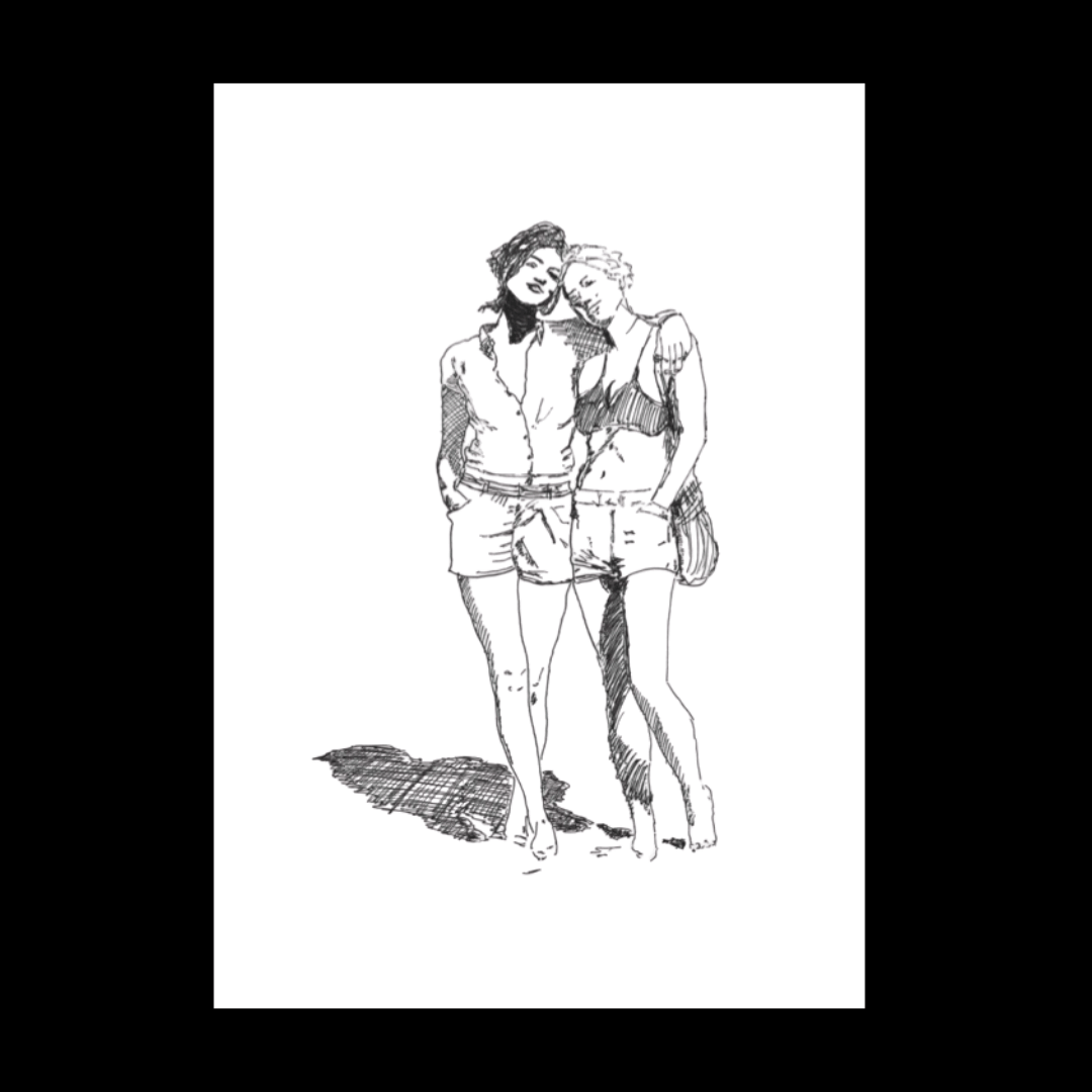 Romantic sketch of two women walking side by side toward a glowing sunset, symbolising intimacy and companionship in a lesbian romance book, lesbian love story, lesbian fiction.
