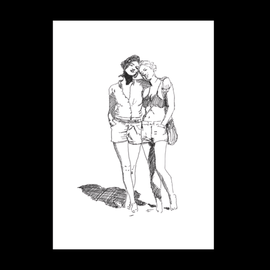Romantic sketch of two women walking side by side toward a glowing sunset, symbolising intimacy and companionship in a lesbian romance book, lesbian love story, lesbian fiction.