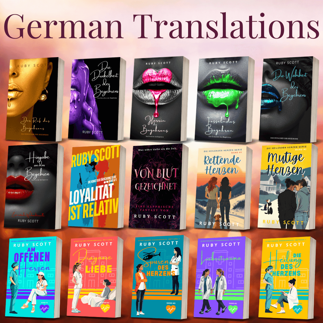 Lesbian romance book and lesbian fiction collection showing German translations of Ruby Scott novels, including multiple sapphic series and standalone lesbian love stories, written by lesbian romance author Ruby Scott and lesbian romance fiction author Ruby Scott.