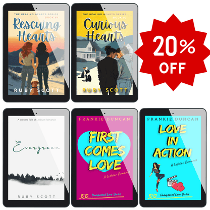 Tablet eBook displays of Rescuing Hearts, Curious Hearts, Evergreen, First Comes Love, and Love in Action with 20% OFF badge, part of a lesbian romance book, lesbian love story, and lesbian fiction collection