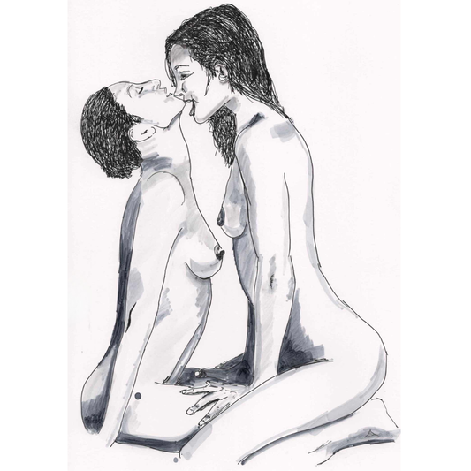 Intimate monochrome drawing by lesbian romance author Ruby Scott depicting two women close together in a passionate embrace, representing surrender and affection in a lesbian romance book, lesbian love story, and lesbian fiction art print.