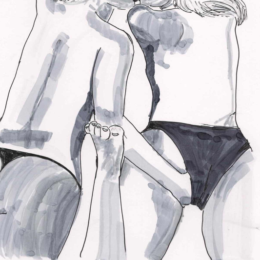 Black and white sketch by lesbian romance author Ruby Scott showing two women in an intimate embrace, symbolising passion and desire in a lesbian romance book, lesbian love story, and lesbian fiction illustration.
