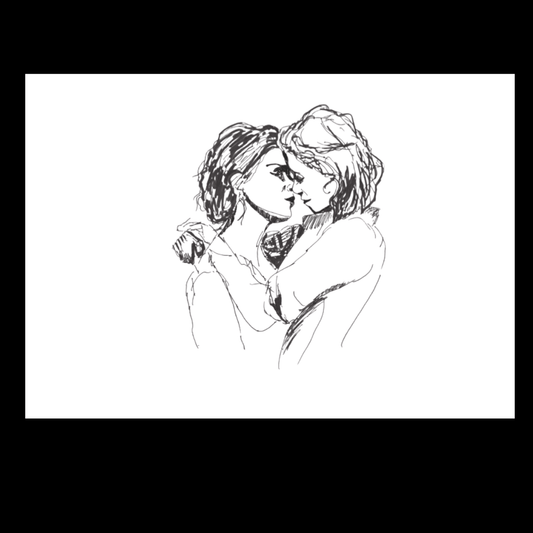 Sensual line drawing of two women in a passionate embrace, gazes locked in an almost-kiss, an evocative moment from a lesbian romance book, lesbian love story, lesbian fiction.