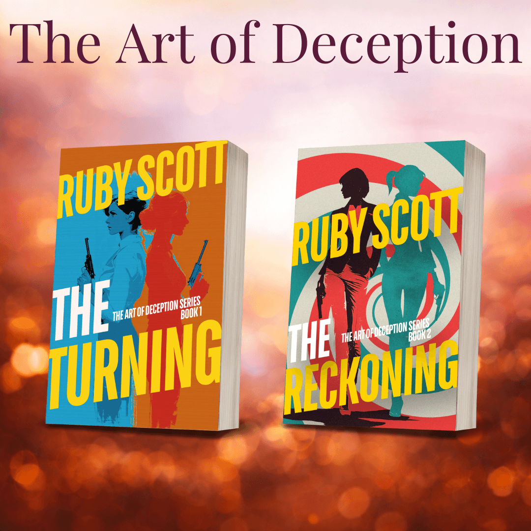 Lesbian romance book and lesbian fiction series image featuring The Art of Deception by Ruby Scott, showing paperback covers of The Turning and The Reckoning. A high stakes lesbian spy thriller and lesbian love story centred on dangerous women, espionage, and desire, written by lesbian romance author Ruby Scott and lesbian romance fiction author Ruby Scott.