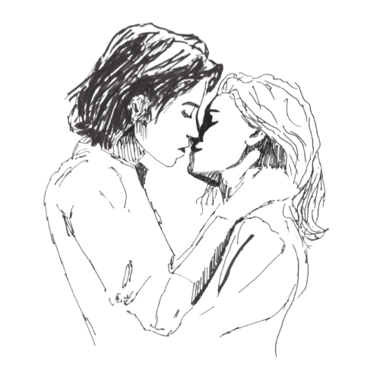 Delicate line drawing by lesbian romance author Ruby Scott of two women about to kiss, foreheads touching and eyes closed, capturing slow-burn love and emotional connection in a lesbian romance book, lesbian love story, and lesbian fiction artwork.