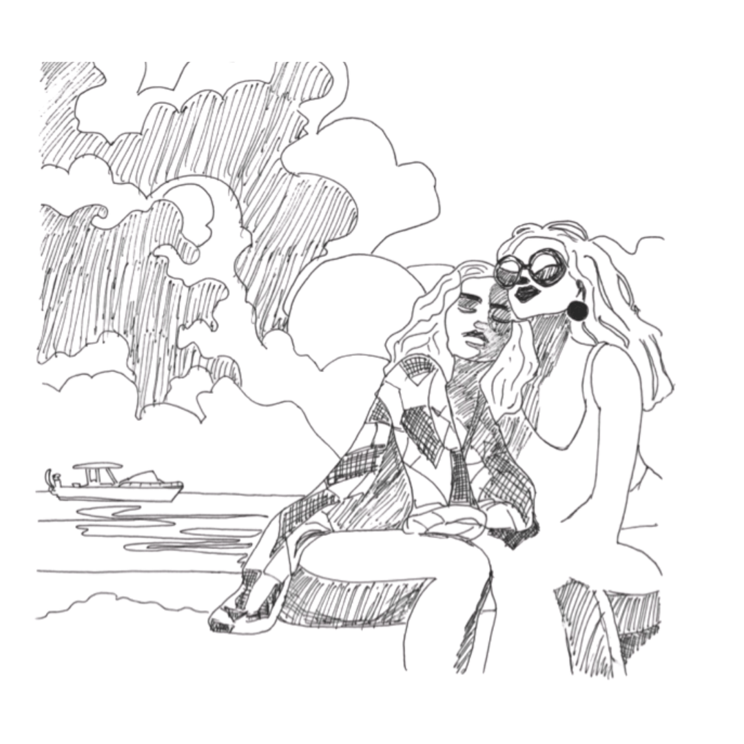 Playful line drawing by lesbian romance author Ruby Scott of two women sharing a sunlit seaside moment, blending freedom, flirtation, and warmth in a lesbian romance book, lesbian love story, and lesbian fiction scene.