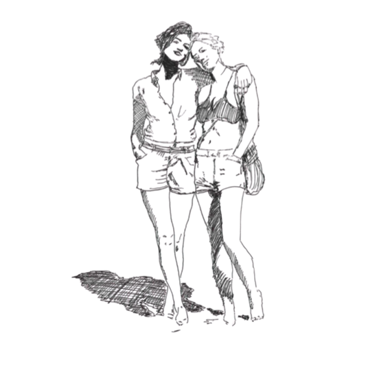 Romantic illustration by lesbian romance author Ruby Scott portraying two women standing close together, one leaning on the other with quiet affection, symbolising friendship turned to love in a lesbian romance book, lesbian love story, and lesbian fiction drawing.