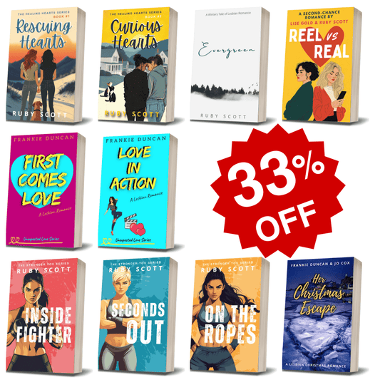 Paperback bundle of lesbian romance books by Ruby Scott and Frankie Duncan with a bold red 33% OFF badge. Includes titles like Curious Hearts, Rescuing Hearts, Reel vs Real, Evergreen, First Comes Love, and Her Christmas Escape