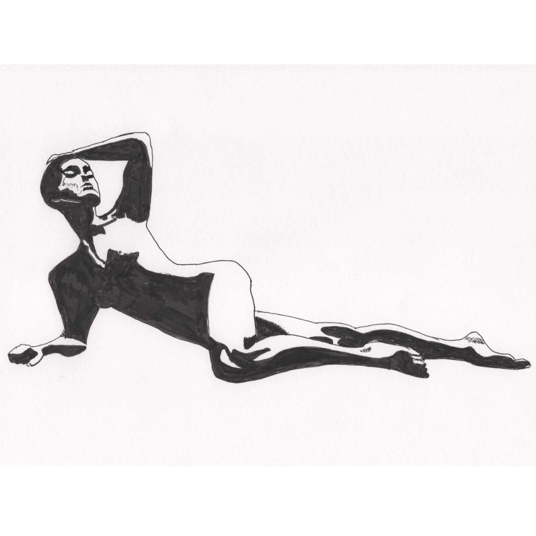 Elegant black-ink drawing by lesbian romance author Ruby Scott of a reclining nude woman, celebrating sensual confidence and calm in a lesbian romance book, lesbian love story, and lesbian fiction illustration.