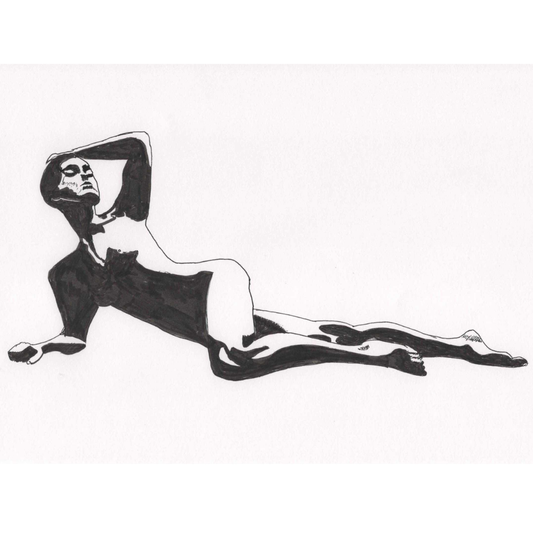 Elegant black-ink drawing by lesbian romance author Ruby Scott of a reclining nude woman, celebrating sensual confidence and calm in a lesbian romance book, lesbian love story, and lesbian fiction illustration.