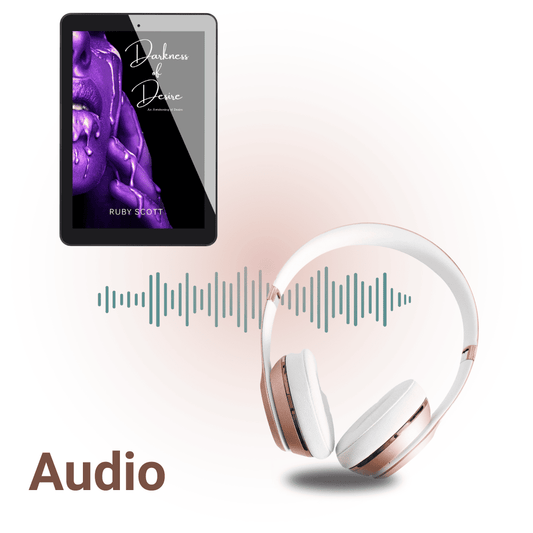 Spicy sapphic romance audiobook "Darkness of Desire" by Ruby Scott, with a purple cover, headphones, and soundwave graphic.