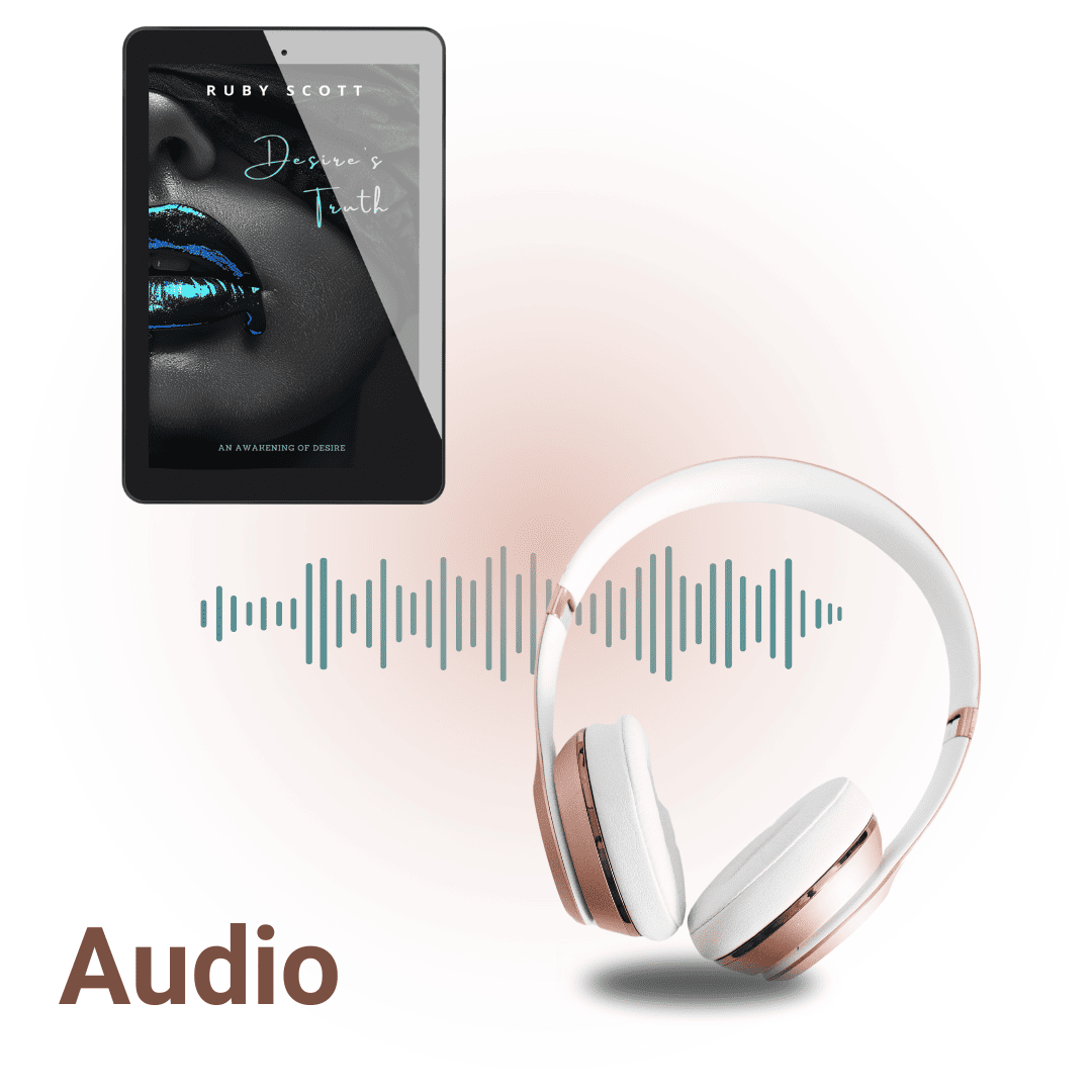 Audiobook version of "Desire’s Truth" by Ruby Scott, featuring a black and blue cover with headphones, part of a erotic lesbian romance series.