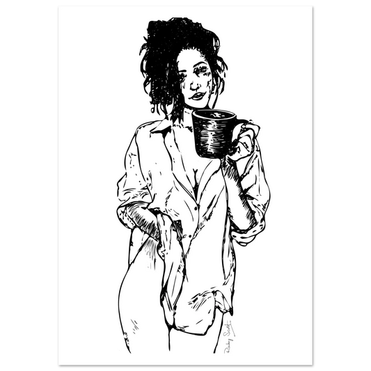 Lesbian romance book and lesbian fiction sapphic fine art print showing a woman holding a coffee mug, illustrated in black and white with an intimate, relaxed mood. A sensual lesbian love story inspired artwork by lesbian romance author Ruby Scott and lesbian romance fiction author Ruby Scott.