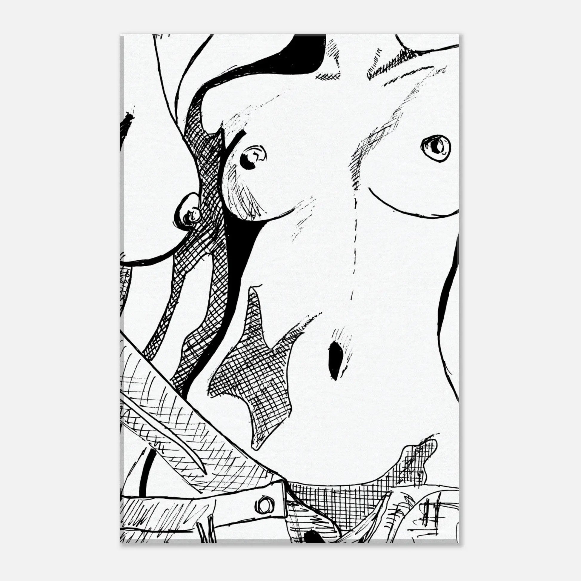 Lesbian romance book and lesbian fiction sapphic nude line art canvas mockup displayed against a black background, featuring an abstract female torso illustration. A striking lesbian love story inspired art piece by lesbian romance author Ruby Scott and lesbian romance fiction author Ruby Scott.