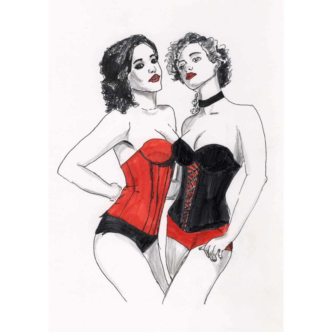 Playful illustration by lesbian romance author Ruby Scott featuring two women in striking red and black corsets, celebrating confidence, sensuality, and feminine power in a lesbian romance book, lesbian love story, and lesbian fiction artwork.