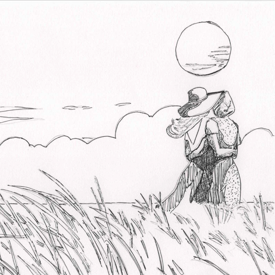 Romantic line illustration by lesbian romance author Ruby Scott showing two women in sunhats embracing in tall grass under a bright sky, capturing warmth and intimacy in a lesbian romance book, lesbian love story, and lesbian fiction artwork.