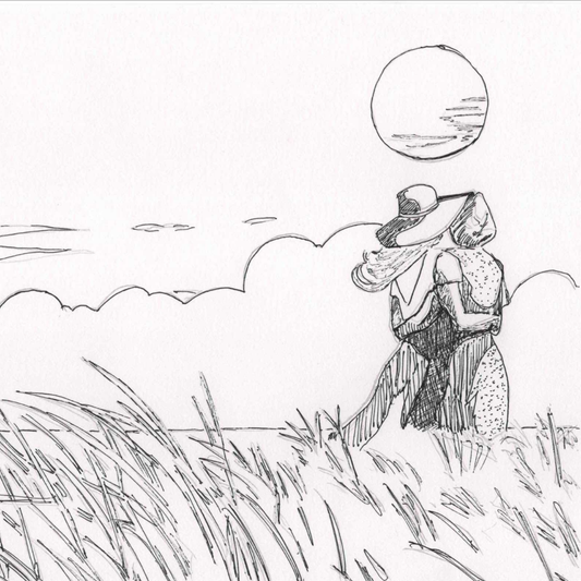 Romantic line illustration by lesbian romance author Ruby Scott showing two women in sunhats embracing in tall grass under a bright sky, capturing warmth and intimacy in a lesbian romance book, lesbian love story, and lesbian fiction artwork.