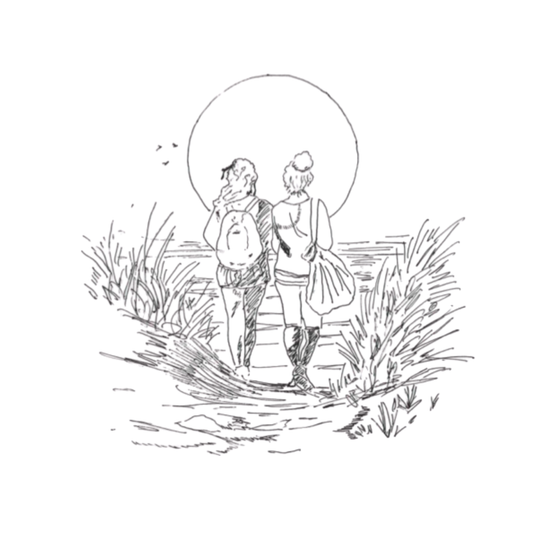 Line drawing by lesbian romance author Ruby Scott of two women walking arm in arm towards the sunset, evoking tenderness and connection in a lesbian romance book, lesbian love story, and lesbian fiction scene.