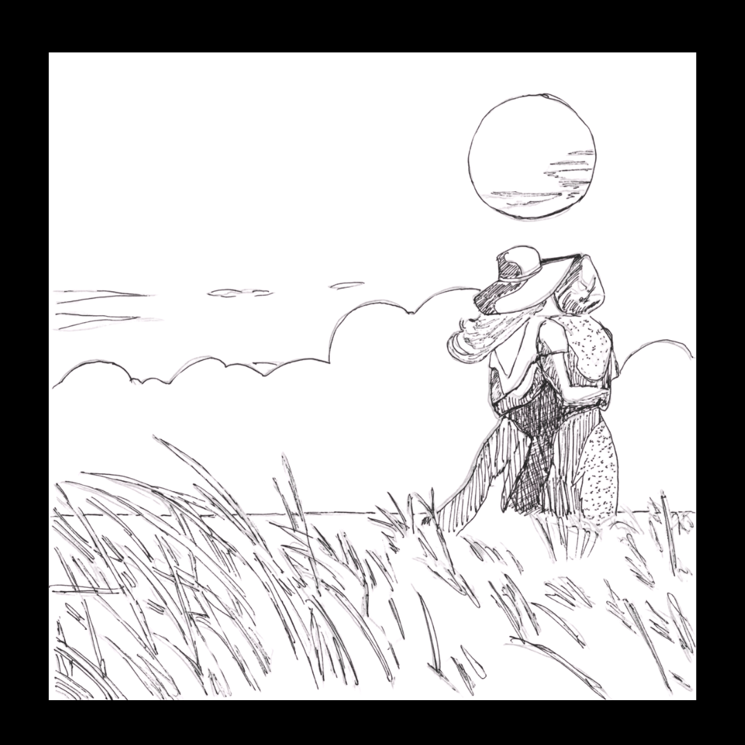 Romantic sketch of two women walking side by side toward a glowing sunset, symbolising intimacy and companionship in a lesbian romance book, lesbian love story, lesbian fiction.