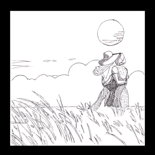 Romantic sketch of two women walking side by side toward a glowing sunset, symbolising intimacy and companionship in a lesbian romance book, lesbian love story, lesbian fiction.